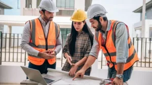 Reliable construction team planning and discussing project details.